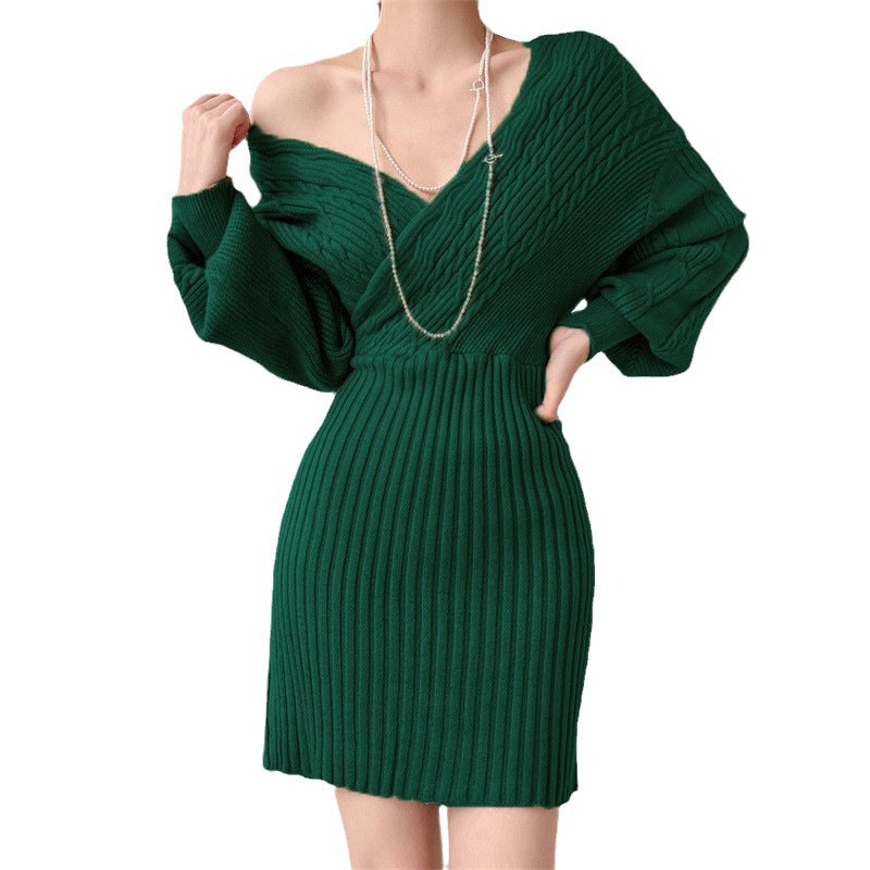 Women's Knit Dress | Ribbed Off Shoulder V-Neck Mini