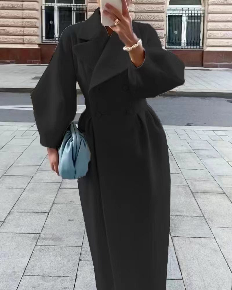 Women's Wool Coat | Double Breasted Wide Lapel Longline