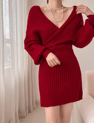 Women's Knit Dress | Ribbed Off Shoulder V-Neck Mini