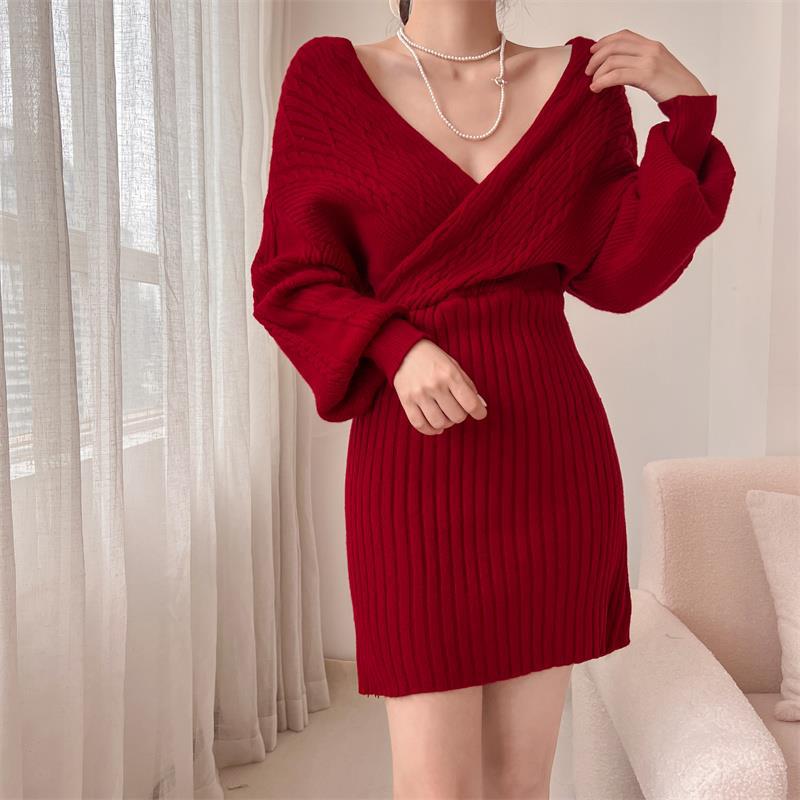 Women's Knit Dress | Ribbed Off Shoulder V-Neck Mini