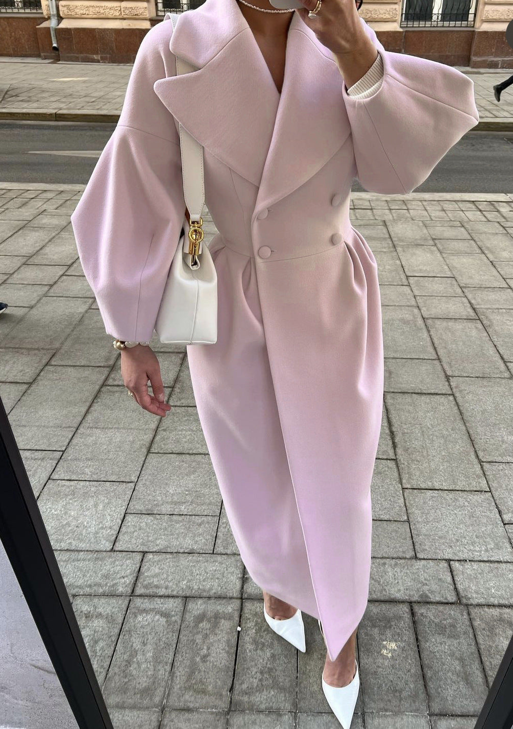 Women's Wool Coat | Double Breasted Wide Lapel Longline