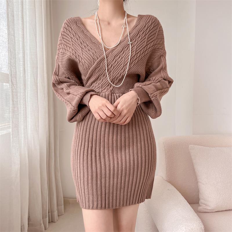 Women's Knit Dress | Ribbed Off Shoulder V-Neck Mini