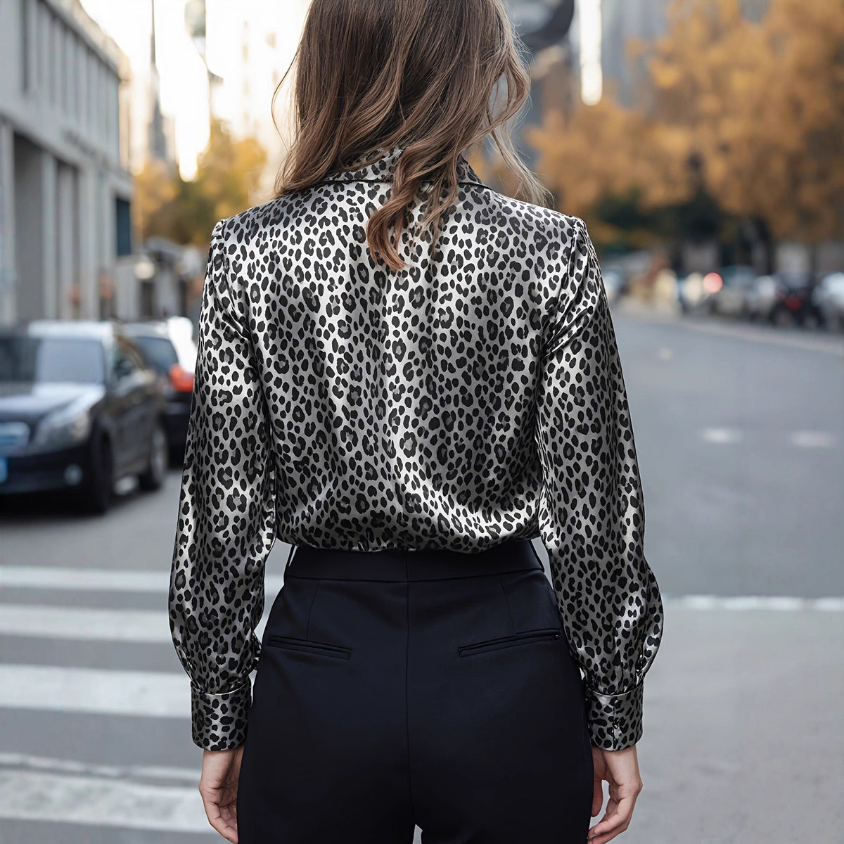 Women's Blouse | Leopard Print Satin V-Neck