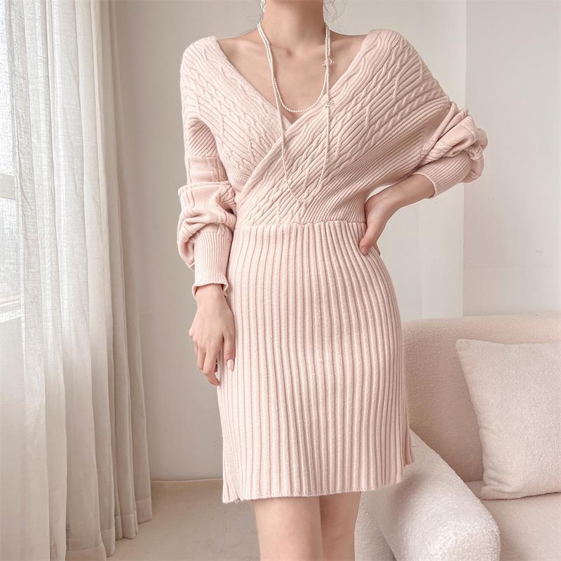 Women's Knit Dress | Ribbed Off Shoulder V-Neck Mini