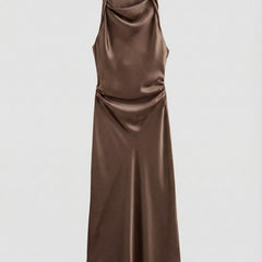 Women's Evening Dress | Satin Cowl Neck Ruched Midi