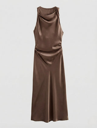 Women's Evening Dress | Satin Cowl Neck Ruched Midi