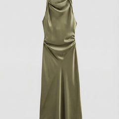 Women's Evening Dress | Satin Cowl Neck Ruched Midi