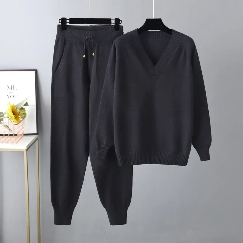 Women's Knit Lounge Set | V-Neck Jumper and Joggers