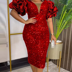Women's Party Dress | Sequin Bodycon Midi Puff Sleeve
