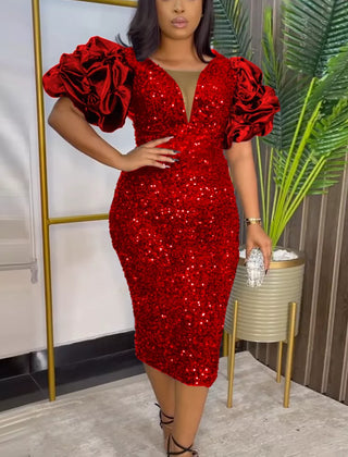 Women's Party Dress | Sequin Bodycon Midi Puff Sleeve