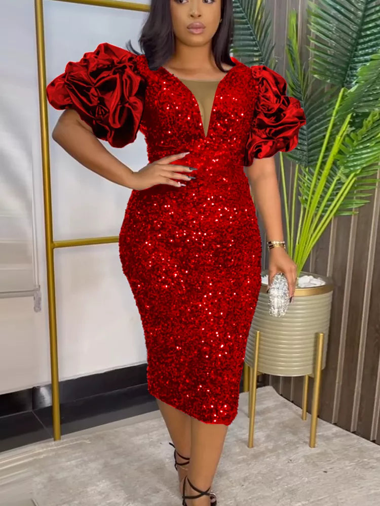 Women's Party Dress | Sequin Bodycon Midi Puff Sleeve