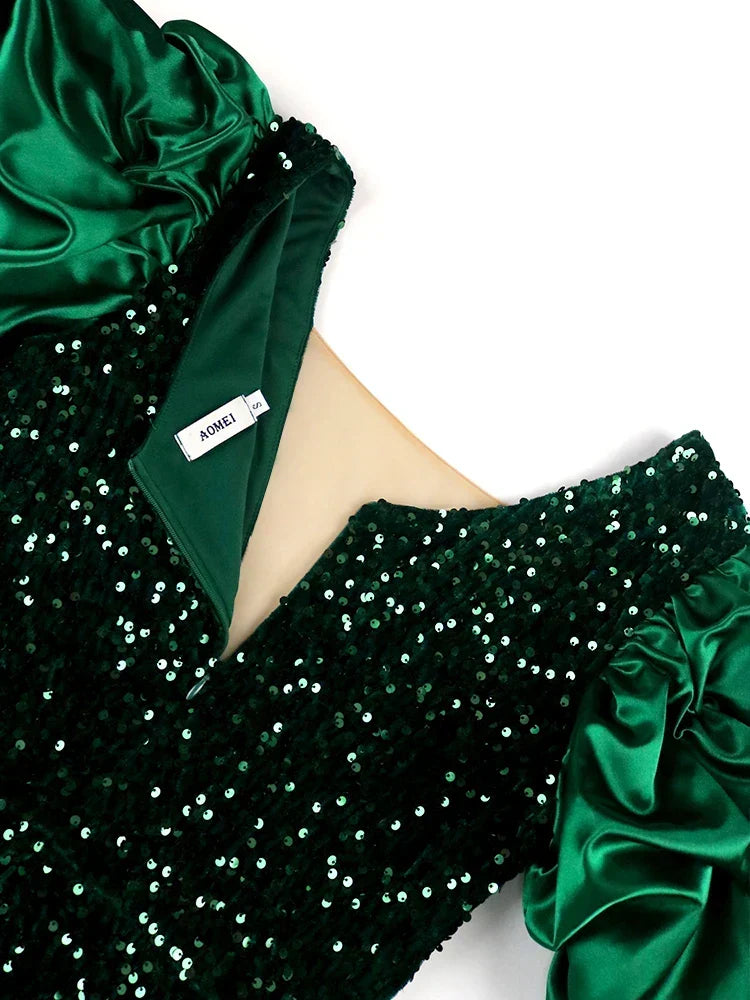 Women's Party Dress | Sequin Bodycon Midi Puff Sleeve