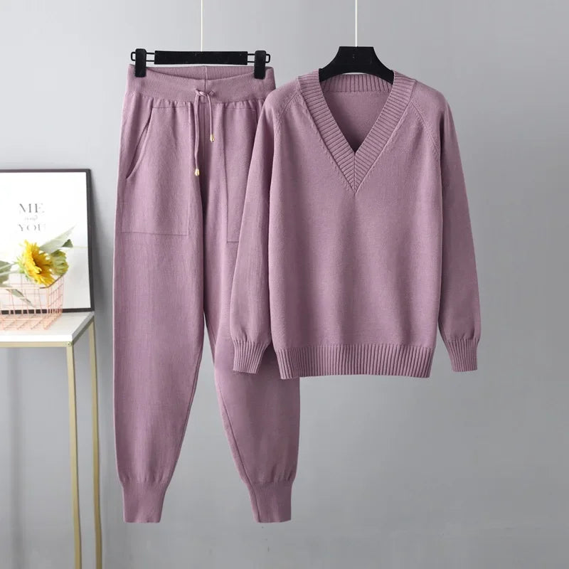 Women's Knit Lounge Set | V-Neck Jumper and Joggers