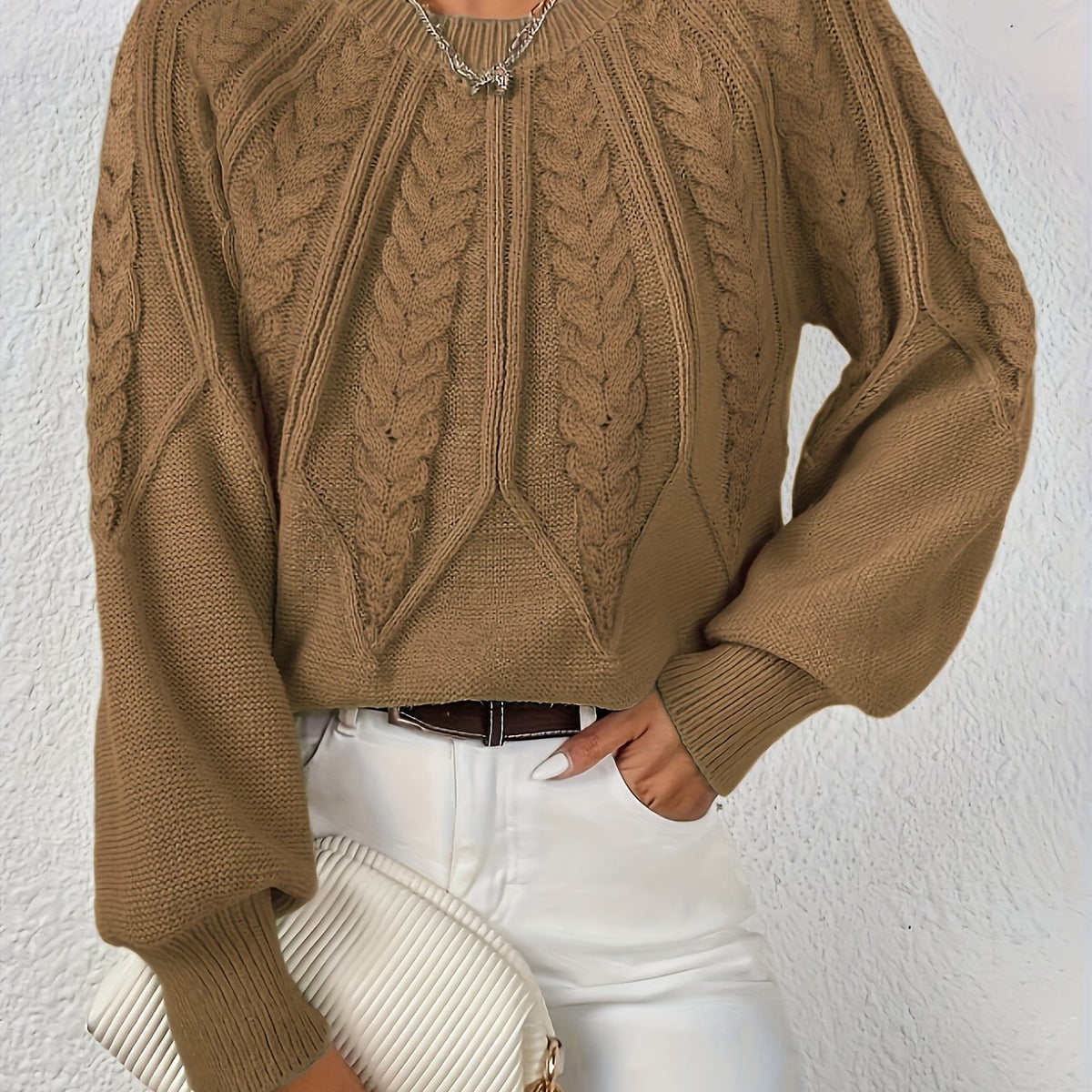 Women's Jumper | Cable Knit Balloon Sleeve Crew Neck