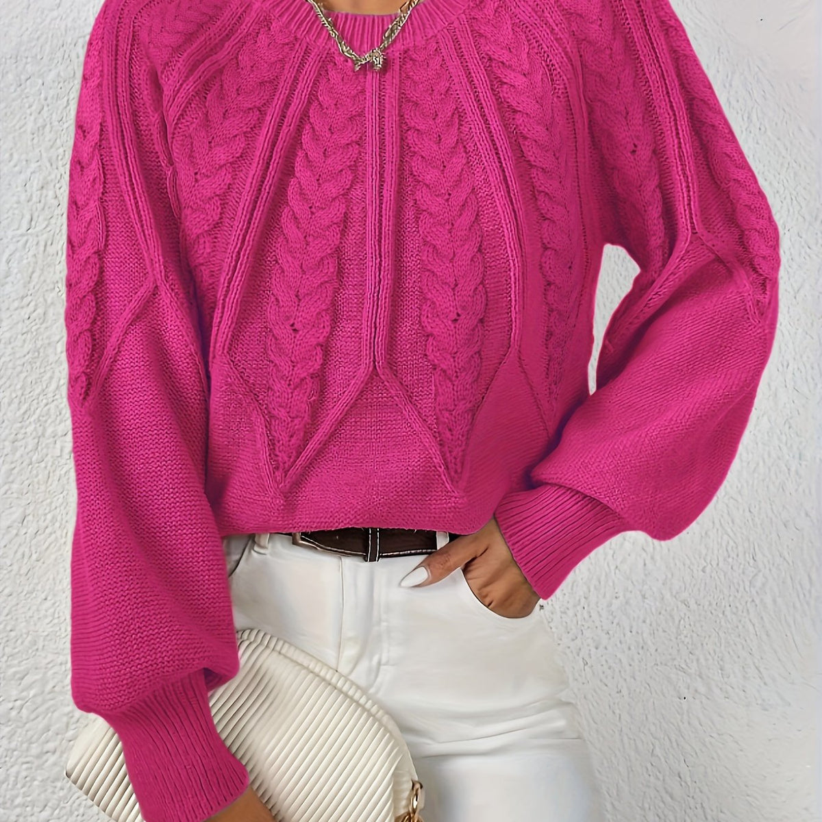 Women's Jumper | Cable Knit Balloon Sleeve Crew Neck