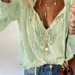 Women's Blouse | Lace Trim Split Neck Tie