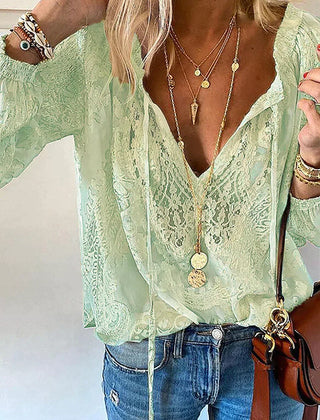 Women's Blouse | Lace Trim Split Neck Tie