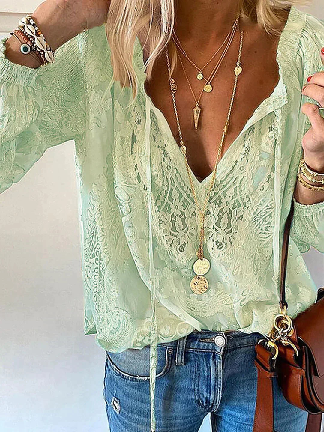 Women's Blouse | Lace Trim Split Neck Tie