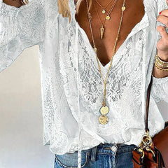 Women's Blouse | Lace Trim Split Neck Tie