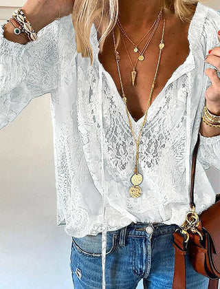 Women's Blouse | Lace Trim Split Neck Tie