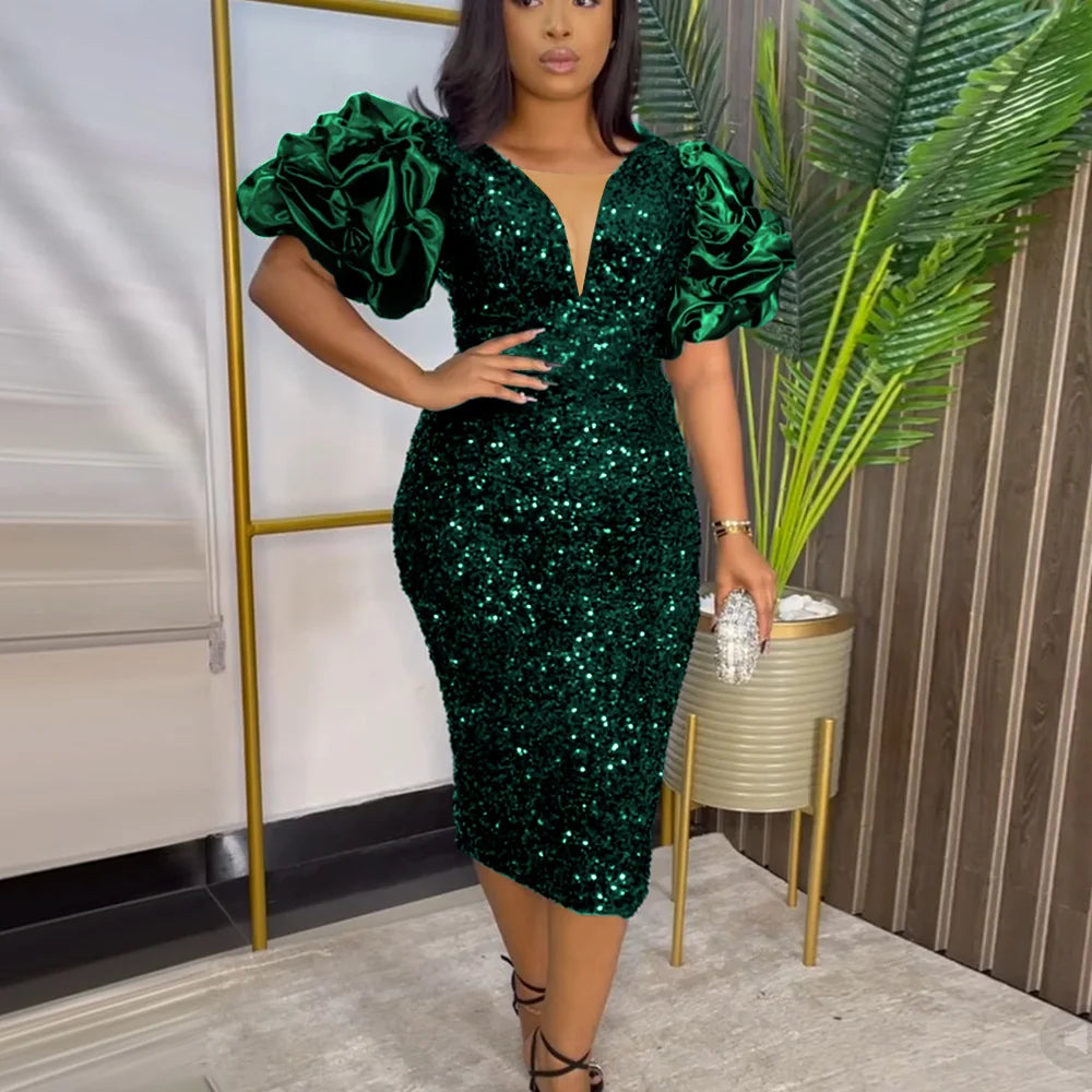 Women's Party Dress | Sequin Bodycon Midi Puff Sleeve