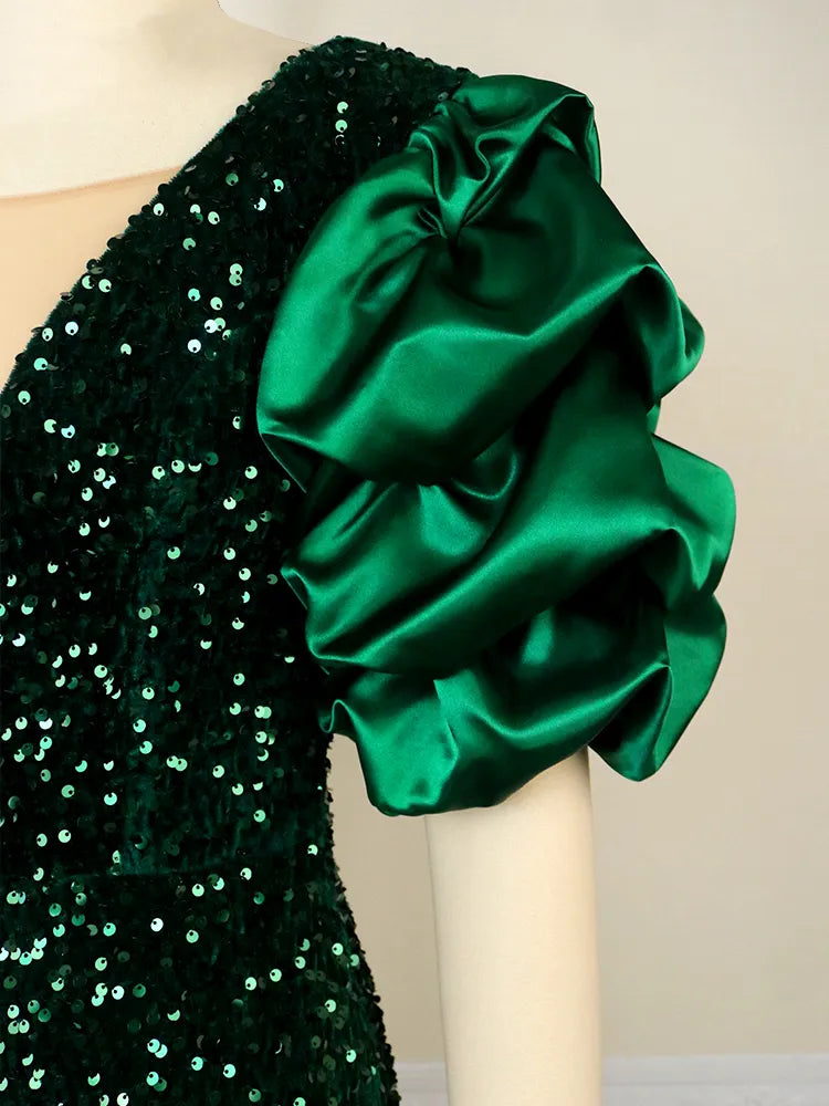 Women's Party Dress | Sequin Bodycon Midi Puff Sleeve