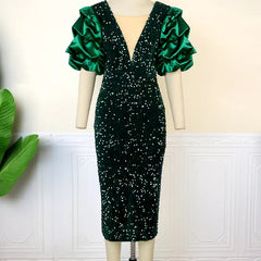 Women's Party Dress | Sequin Bodycon Midi Puff Sleeve