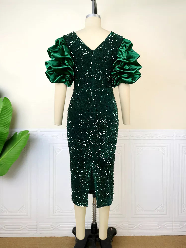 Women's Party Dress | Sequin Bodycon Midi Puff Sleeve
