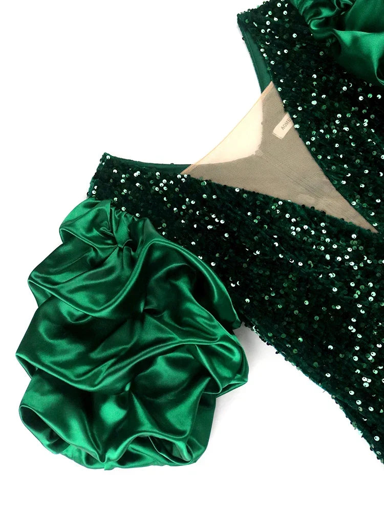 Women's Party Dress | Sequin Bodycon Midi Puff Sleeve