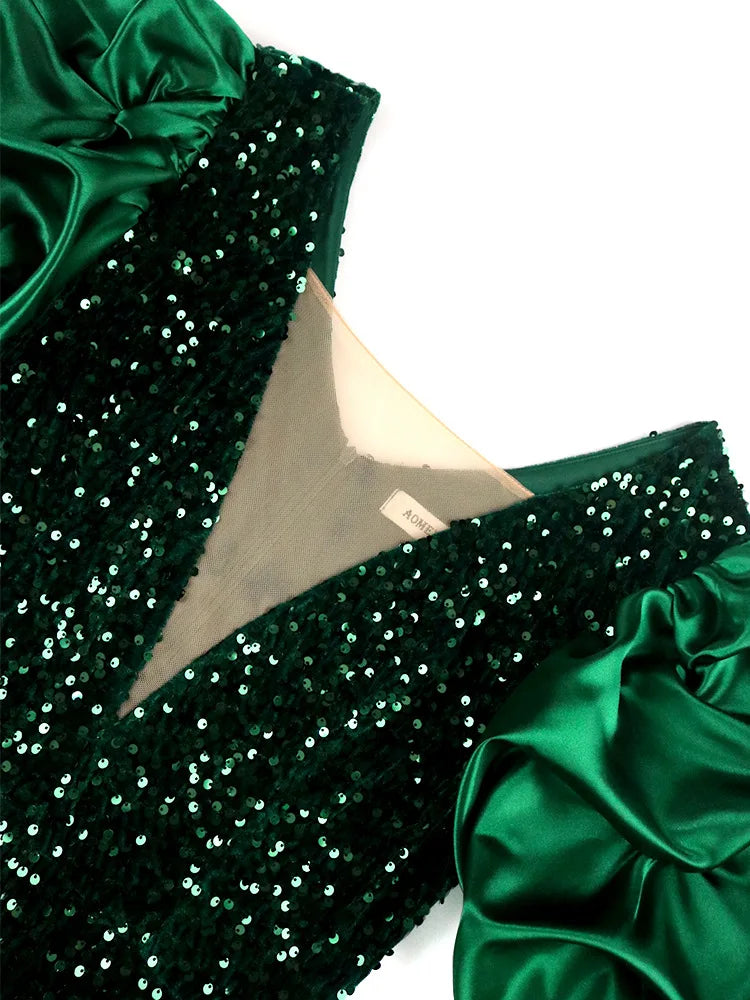 Women's Party Dress | Sequin Bodycon Midi Puff Sleeve