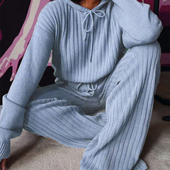 Women's Pyjama Set | Hooded Ribbed Knit Wide Leg