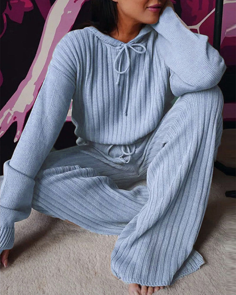 Women's Pyjama Set | Hooded Ribbed Knit Wide Leg