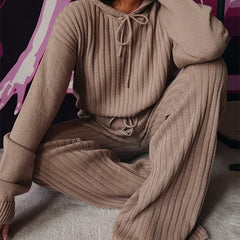 Women's Pyjama Set | Hooded Ribbed Knit Wide Leg