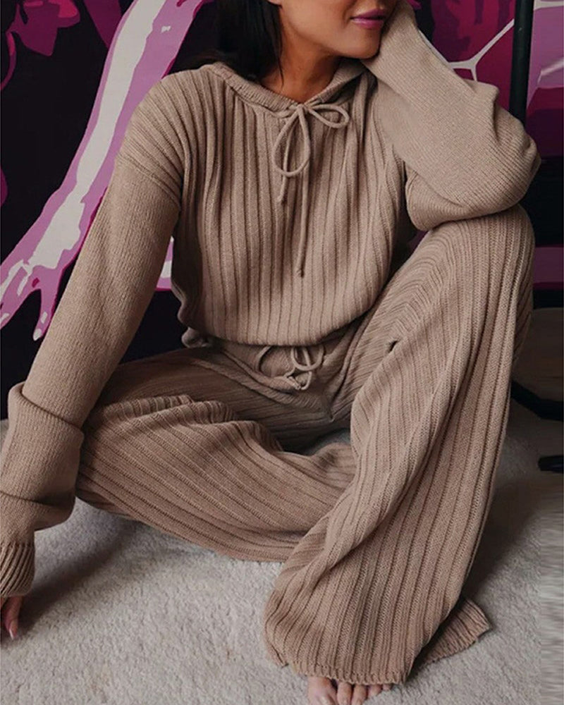 Women's Pyjama Set | Hooded Ribbed Knit Wide Leg