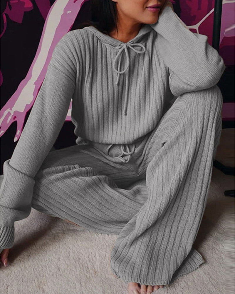 Women's Pyjama Set | Hooded Ribbed Knit Wide Leg