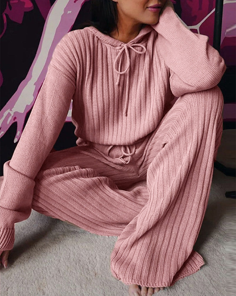 Women's Pyjama Set | Hooded Ribbed Knit Wide Leg