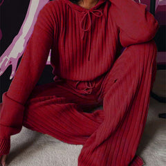 Women's Pyjama Set | Hooded Ribbed Knit Wide Leg