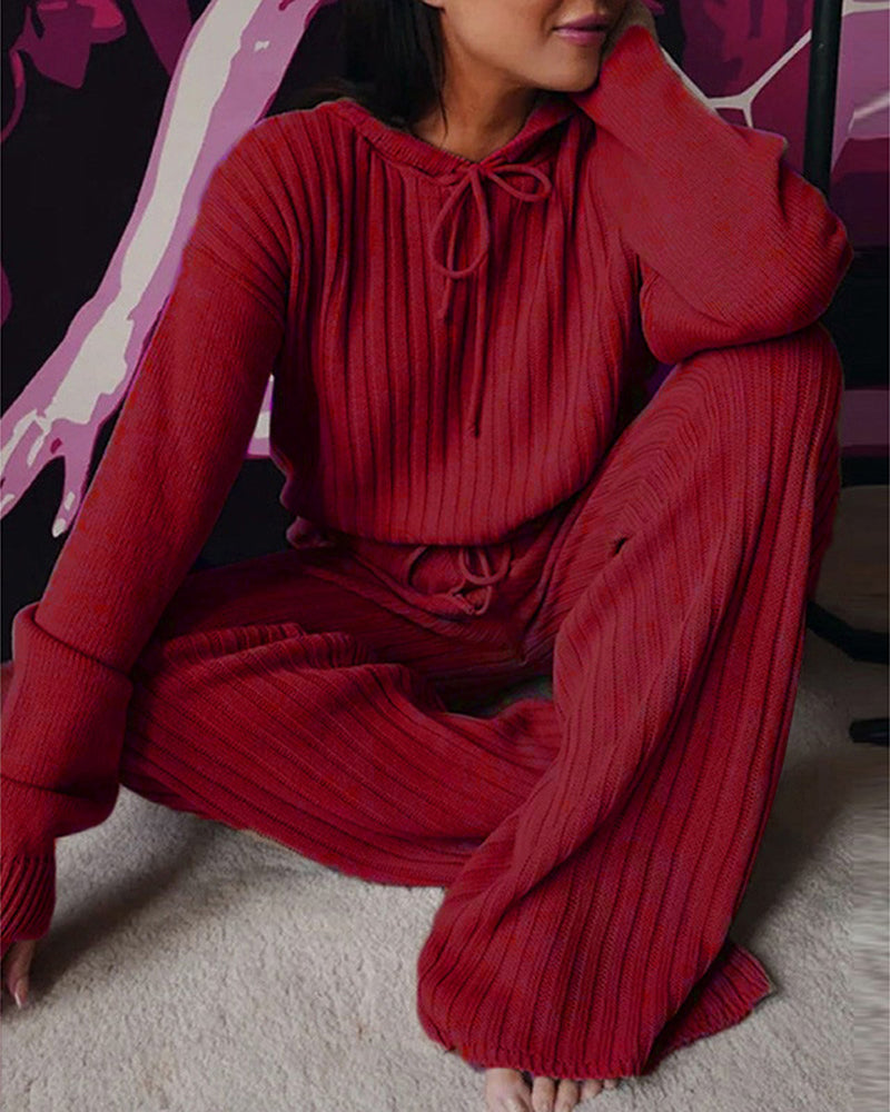 Women's Pyjama Set | Hooded Ribbed Knit Wide Leg