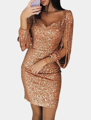 Women's Party Dress | Sequin Bodycon Mini Fringe Sleeve