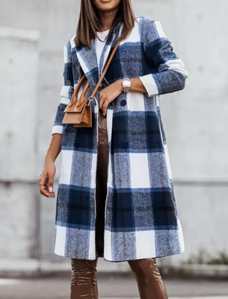Women's Check Coat | Collarless Single Breasted Long