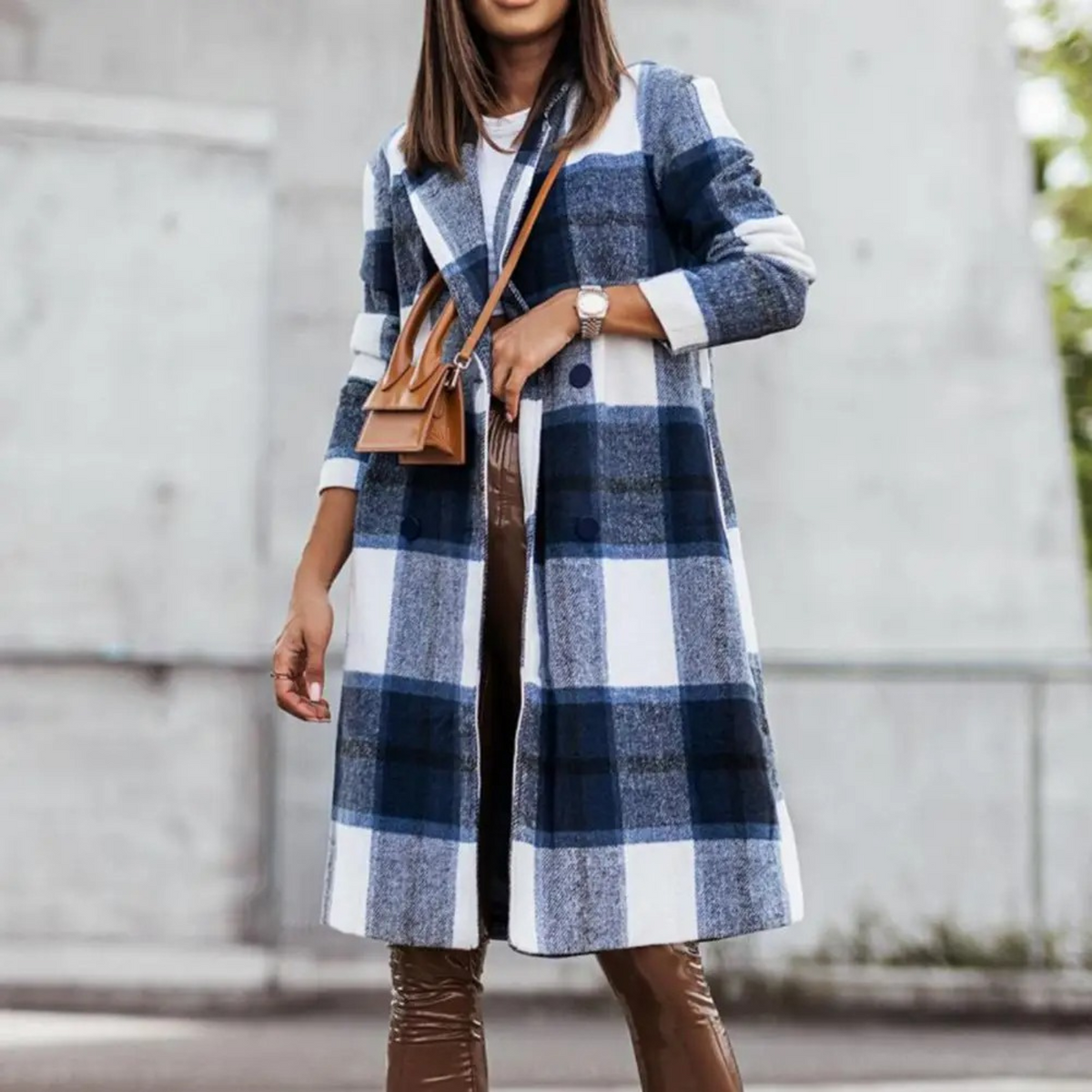 Women's Check Coat | Collarless Single Breasted Long
