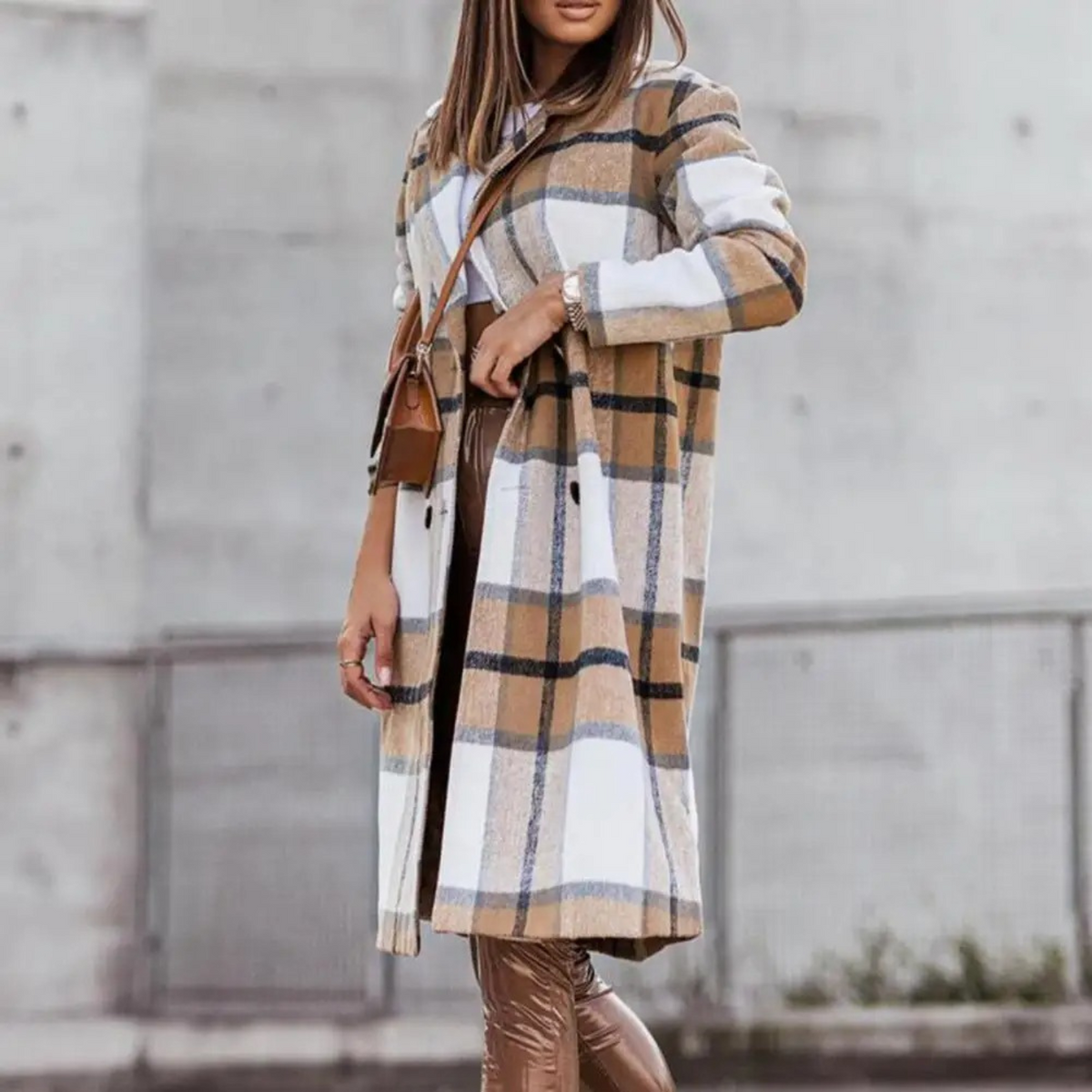 Women's Check Coat | Collarless Single Breasted Long
