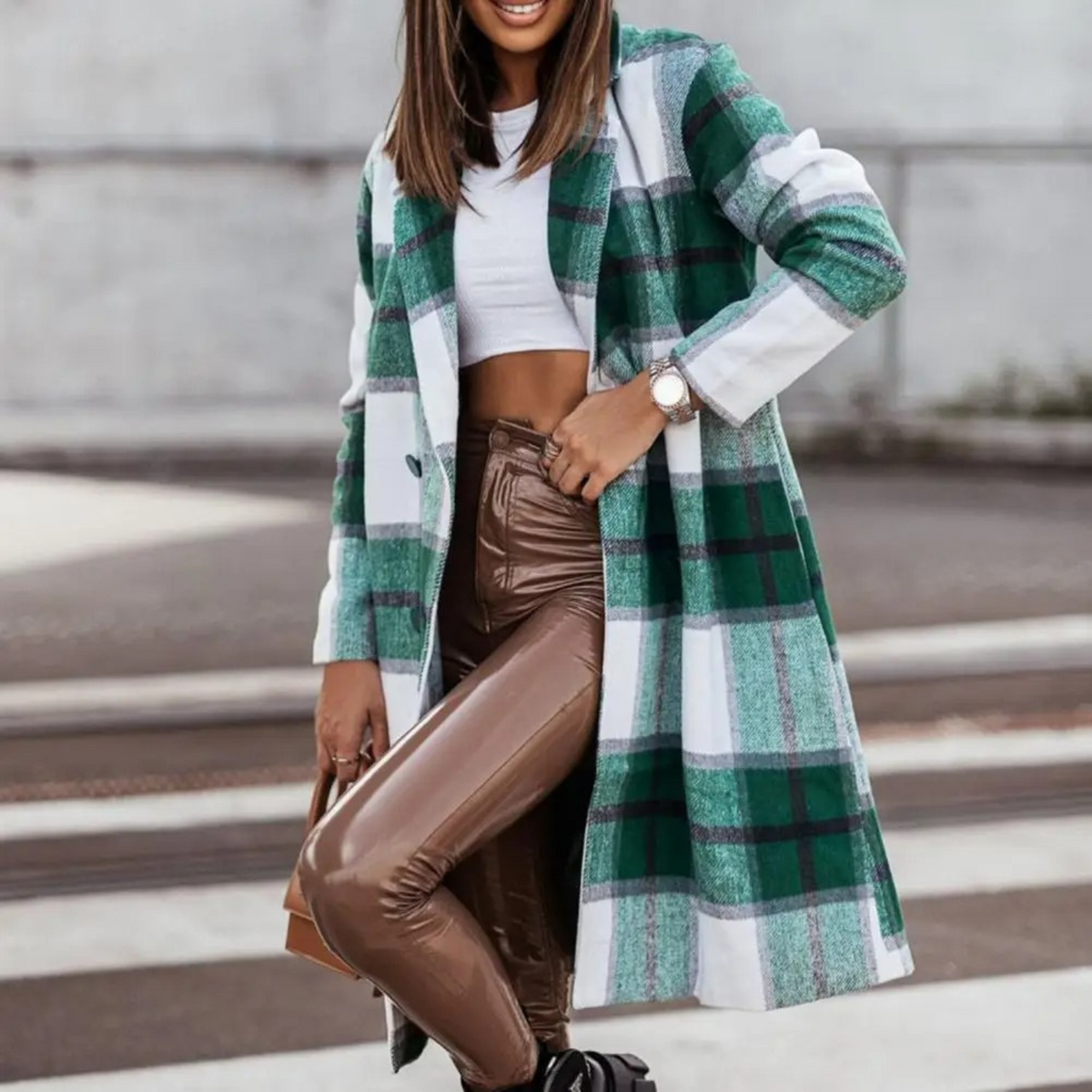 Women's Check Coat | Collarless Single Breasted Long