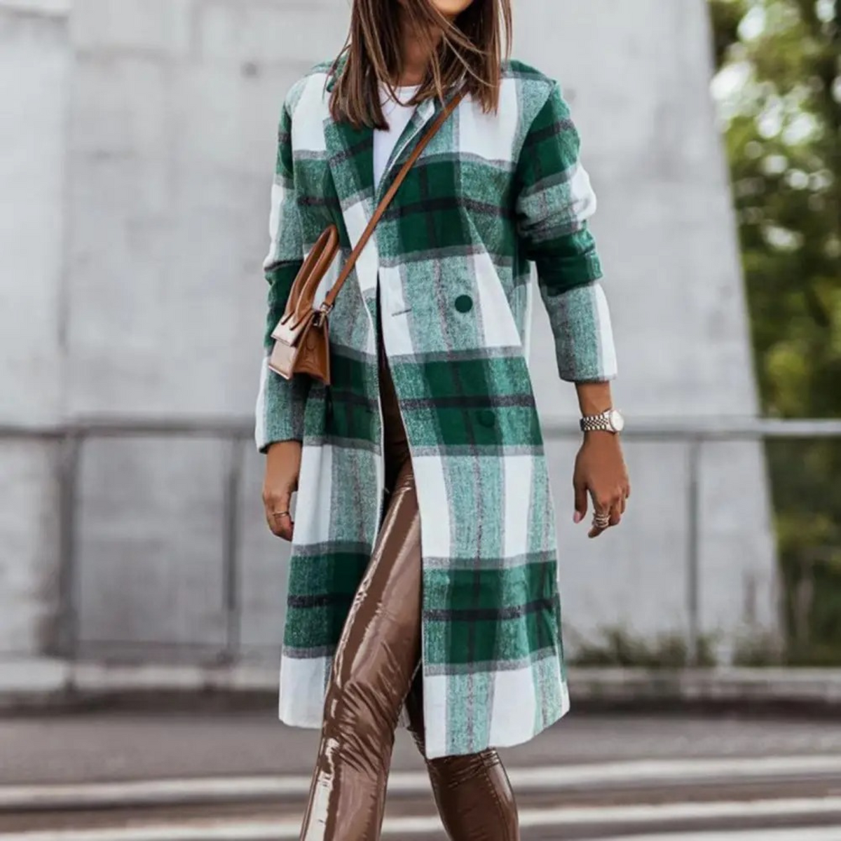 Women's Check Coat | Collarless Single Breasted Long