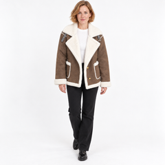 Women's Suede Jacket | Faux Shearling Trim Buckle Collar