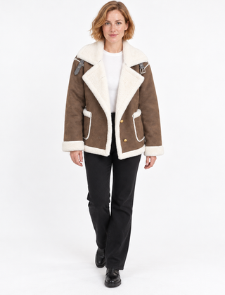 Women's Suede Jacket | Faux Shearling Trim Buckle Collar