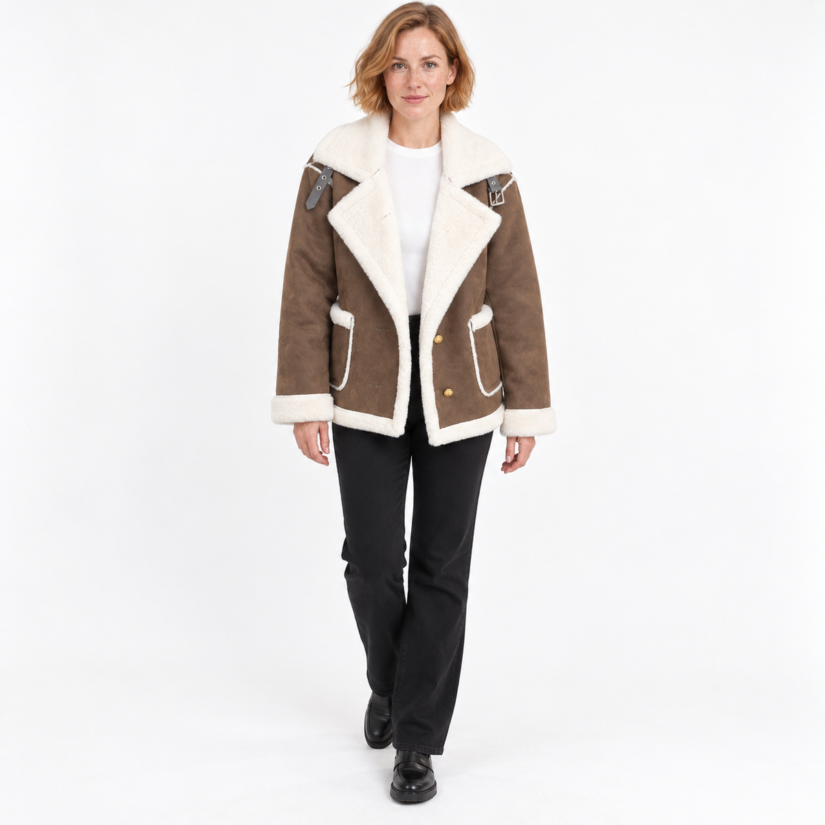 Women's Suede Jacket | Faux Shearling Trim Buckle Collar