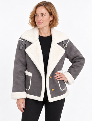 Women's Suede Jacket | Faux Shearling Trim Buckle Collar