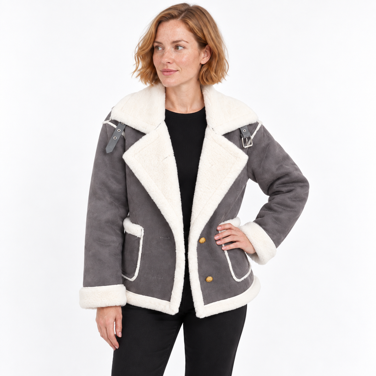 Women's Suede Jacket | Faux Shearling Trim Buckle Collar