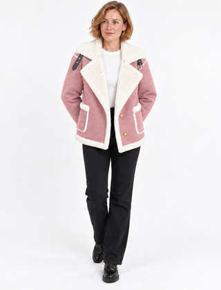 Women's Suede Jacket | Faux Shearling Trim Buckle Collar
